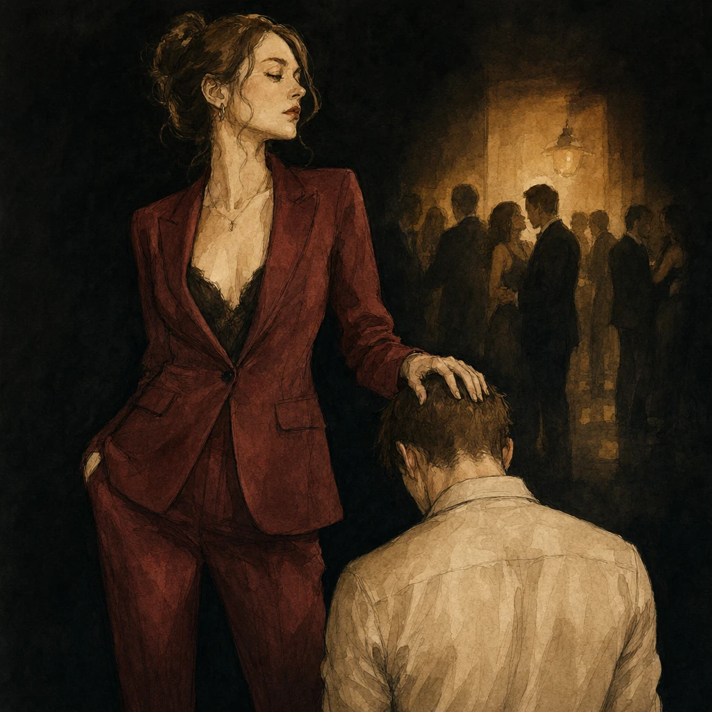 Illustration einer dominant auftretenden Frau mit kniendem Partner vor einer Abendgesellschaft