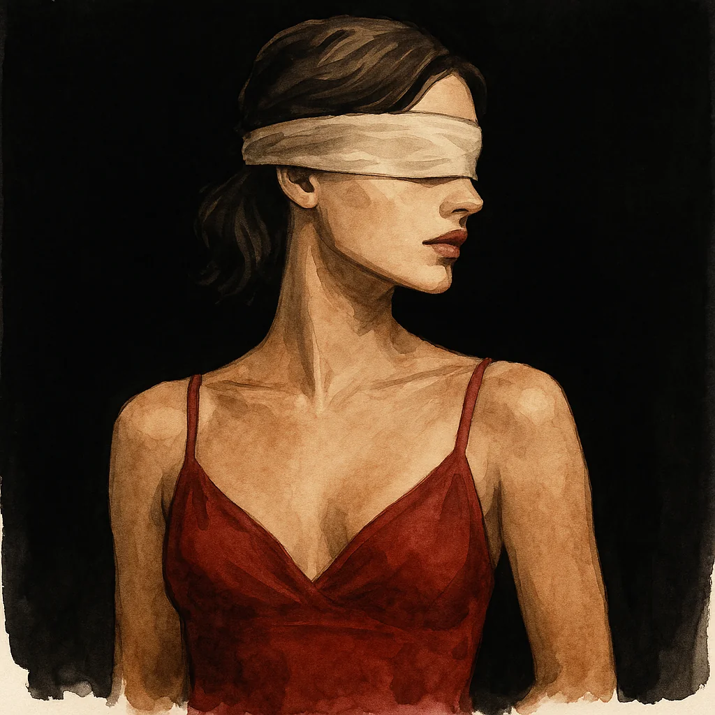 A blindfolded woman