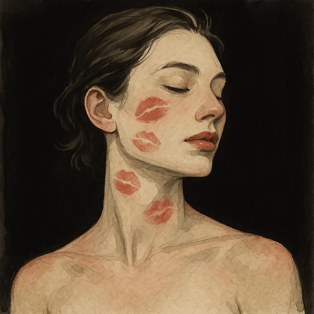 A woman with kiss marks on her cheeks