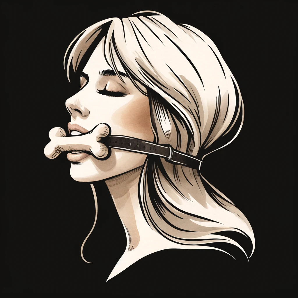 A drawing of a woman biting a bit gag