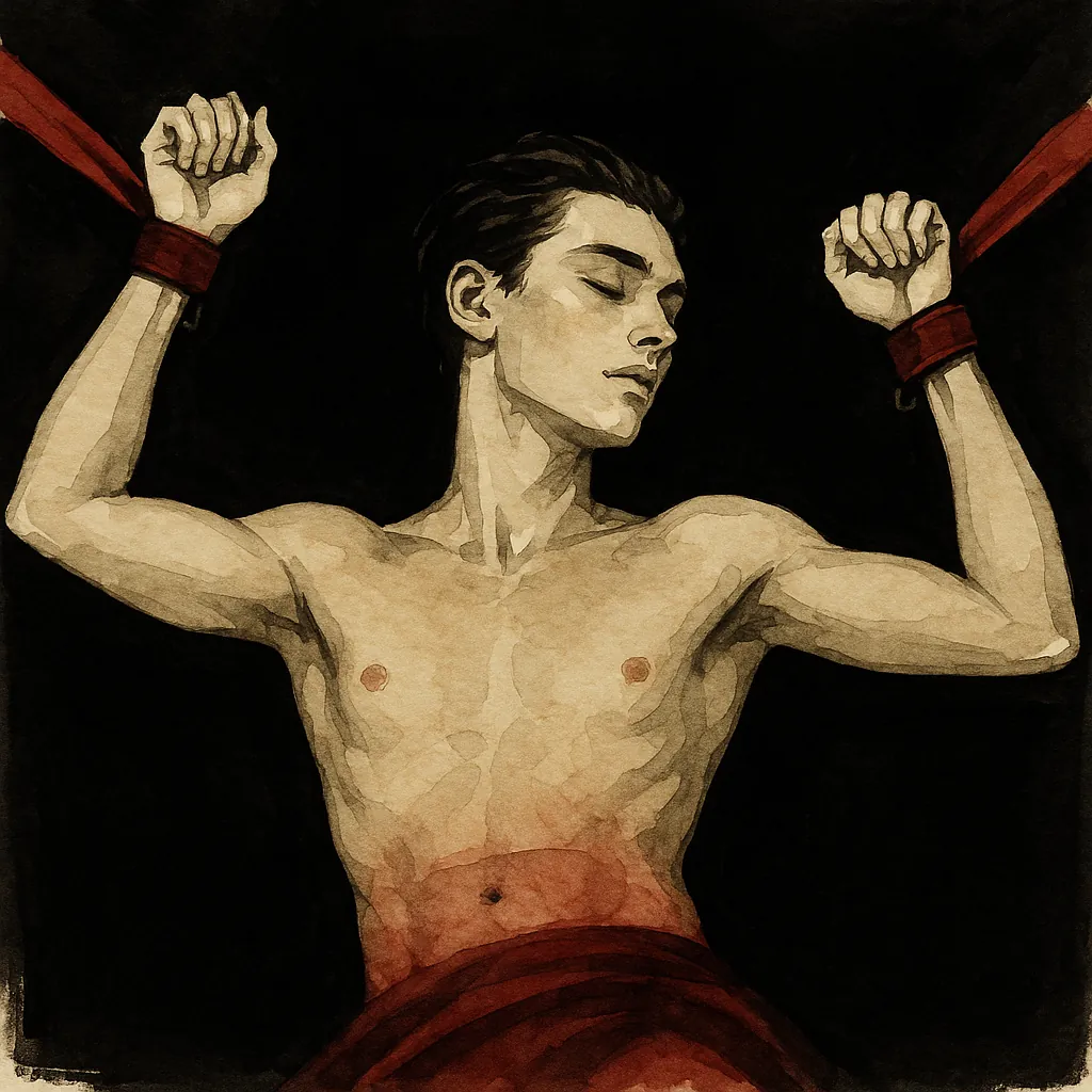 Man experiencing bondage roleplay while tied to bed