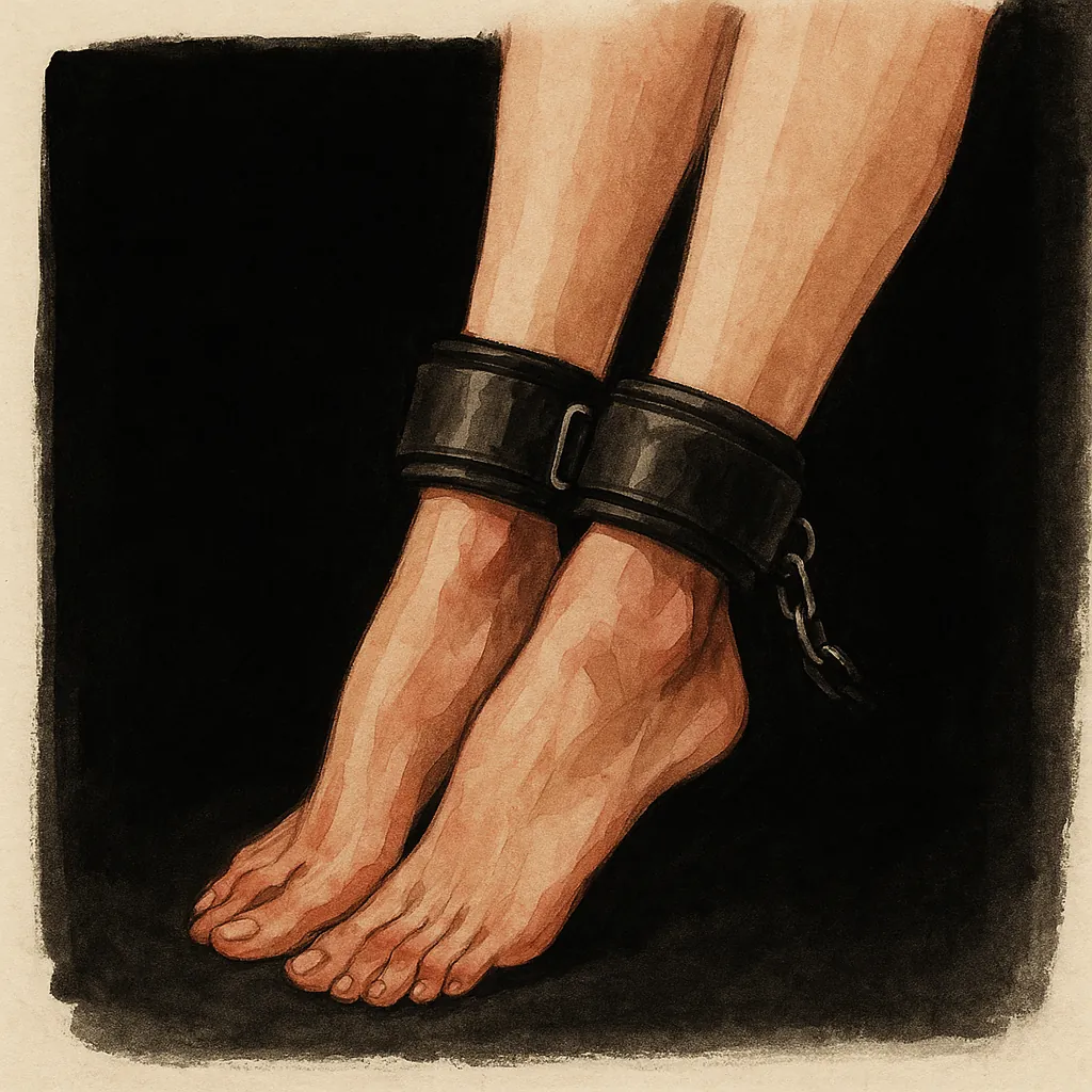 A woman wearing ankle straps, not all bondage requires rope