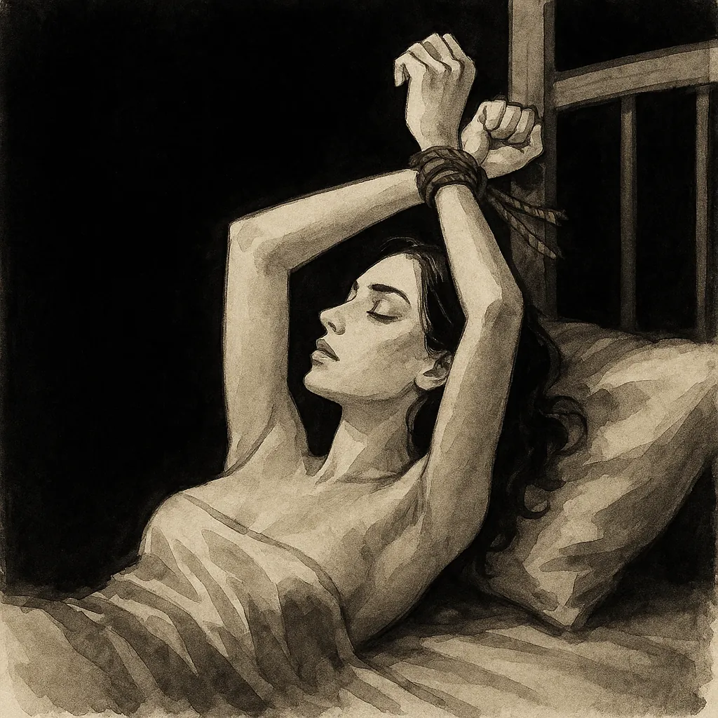 Tied to the bed with rope