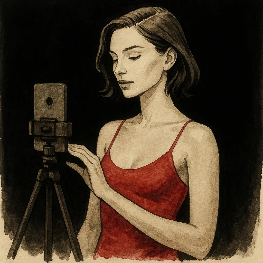 Woman setting up a webcam to video having sex
