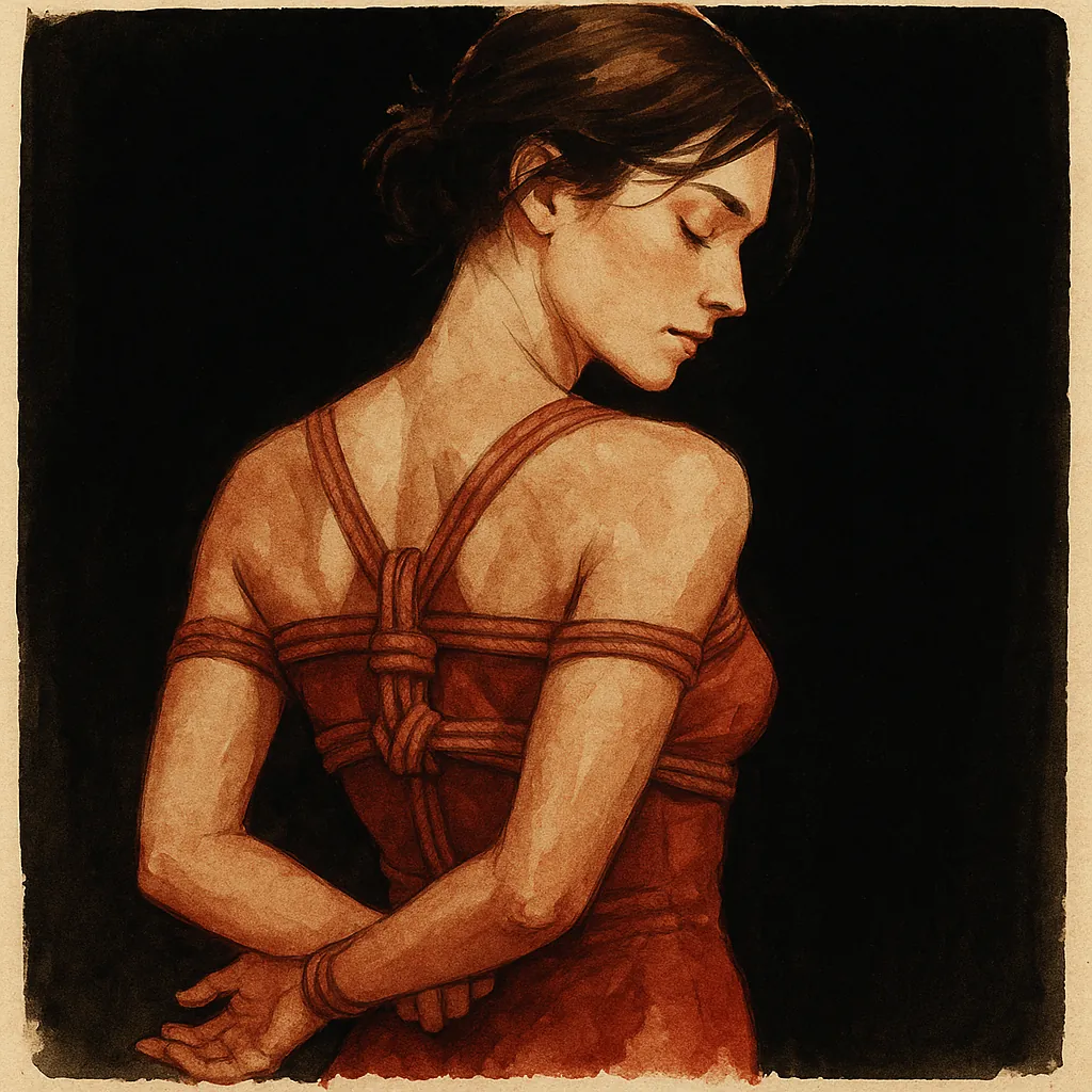 A woman wearing the takake kote shibari knot