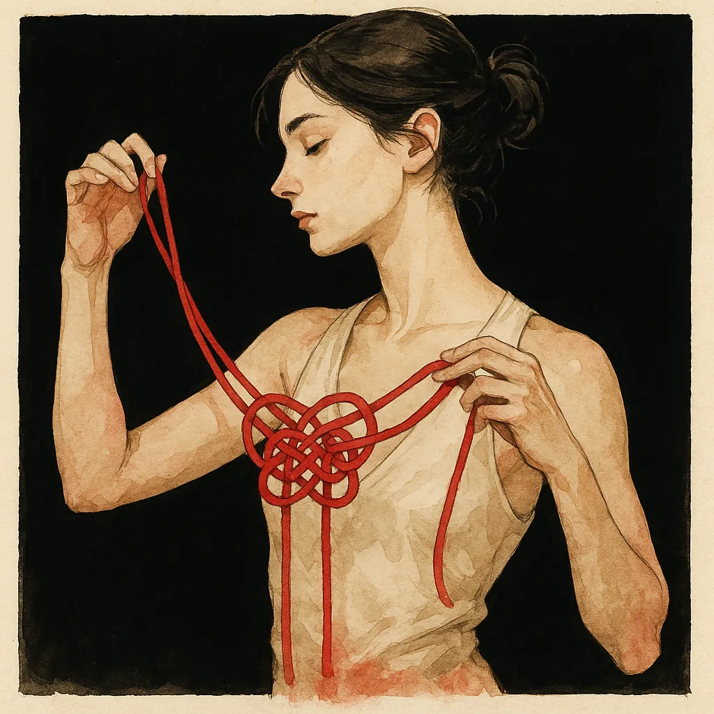 A woman weaving a beautiful shibari knot without another person
